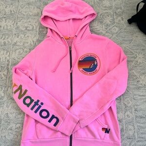 Aviator Nation Pink Hoodie with Rainbow Logo